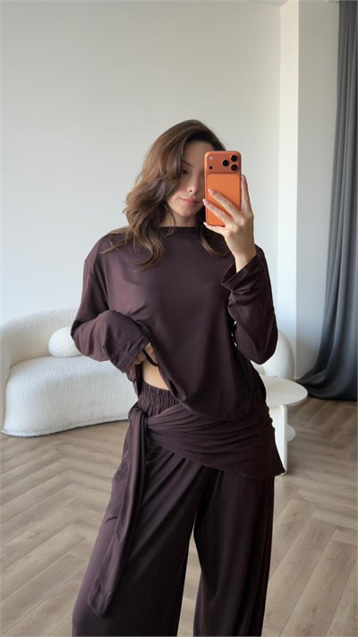 Omuz Vatka Detay Bluz ve Bel Fular Detay Pantolonlu Viskon Pamuklu Takım Acı Kahve 2421
