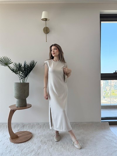 Omuz Vatkalı Sıfır Kol Cep Detay Modal Elbise Bej 2236