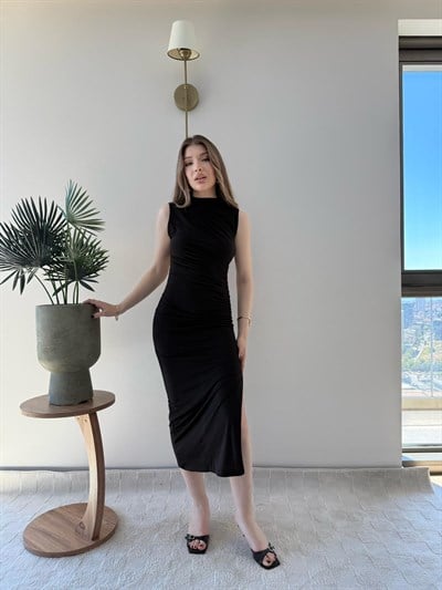 Omuz ve Bel Drape Detay Yırtmaçlı Uzun Sandy Elbise Siyah 2286