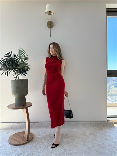 Omuz ve Bel Drape Detay Yırtmaçlı Uzun Sandy Elbise Kırmızı 2286