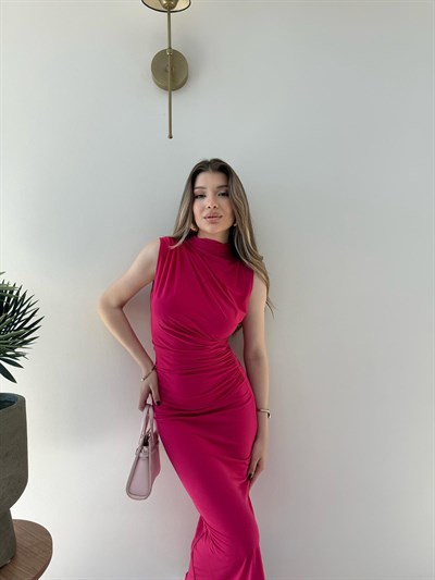 Omuz ve Bel Drape Detay Yırtmaçlı Uzun Sandy Elbise Fuşya 2286