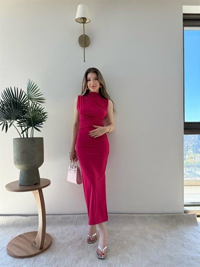 Omuz ve Bel Drape Detay Yırtmaçlı Uzun Sandy Elbise Fuşya 2286