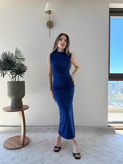 Omuz ve Bel Drape Detay Yırtmaçlı Uzun Sandy Elbise Saks Mavisi 2286