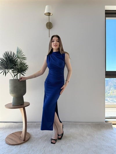 Omuz ve Bel Drape Detay Yırtmaçlı Uzun Sandy Elbise Saks Mavisi 2286