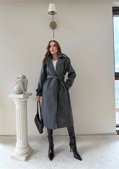 Omuz ve Kol Apolet Detay Bel Kuşaklı Astarlı Kaşe Kaban Antrasit 2013