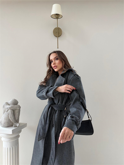 Omuz ve Kol Apolet Detay Bel Kuşaklı Astarlı Kaşe Kaban Antrasit 2013