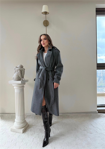 Omuz ve Kol Apolet Detay Bel Kuşaklı Astarlı Kaşe Kaban Antrasit 2013