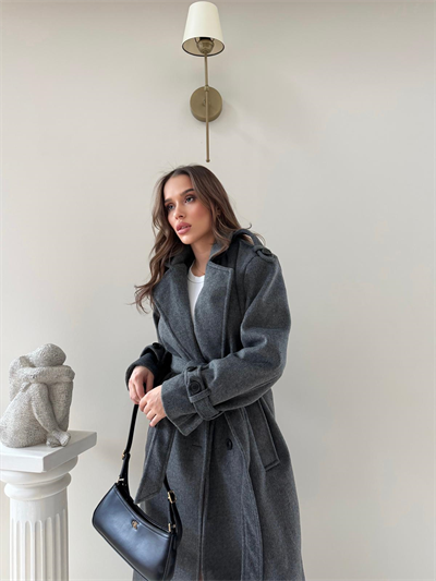 Omuz ve Kol Apolet Detay Bel Kuşaklı Astarlı Kaşe Kaban Antrasit 2013