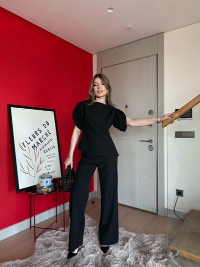 Omuz Yırtmaç Detay Asimetrik Bluz ve Pantolonlu İkili Takım Siyah 2163