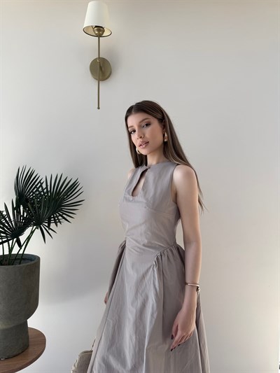 Ön Damla Dekolte Detay Bel Drape Can Etek Detay Uzun Elbise Vizon 2337