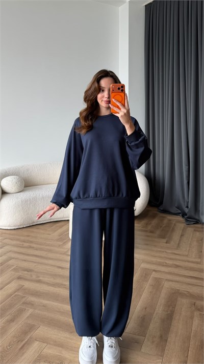 Oversize Sweat ve Pantolonlu Modal İkili Takım Lacivert 2449