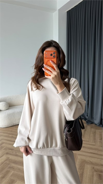 Oversize Sweat ve Pantolonlu Modal İkili Takım Beyaz 2449