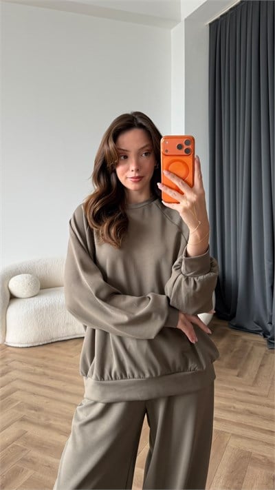 Oversize Sweat ve Pantolonlu Modal İkili Takım Vizon