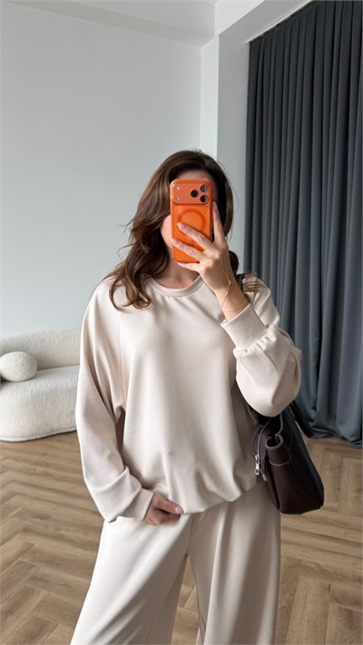 Oversize Sweat ve Pantolonlu Modal İkili Takım Ekru 2449