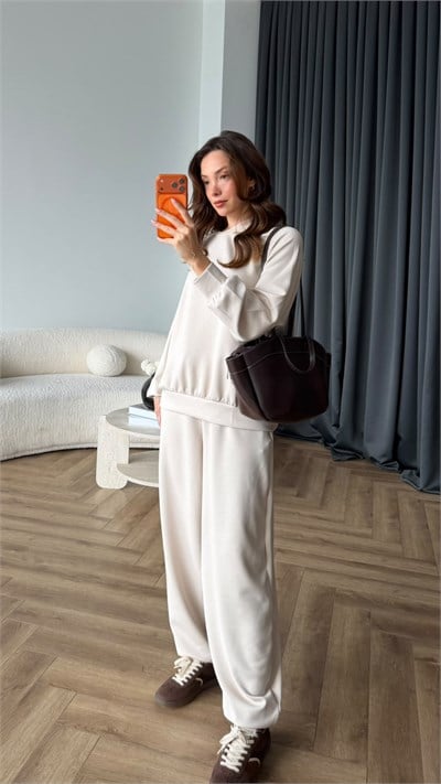 Oversize Sweat ve Pantolonlu Modal İkili Takım Beyaz