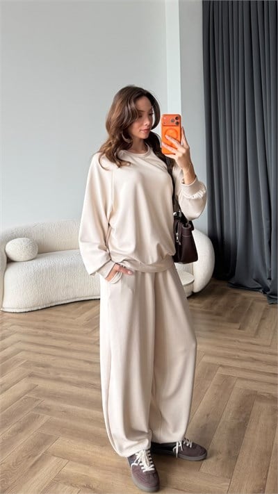 Oversize Sweat ve Pantolonlu Modal İkili Takım Ekru