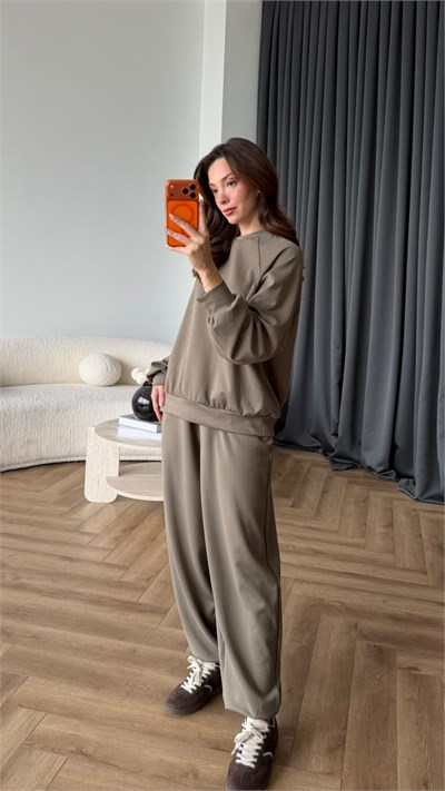 Oversize Sweat ve Pantolonlu Modal İkili Takım Vizon 2449