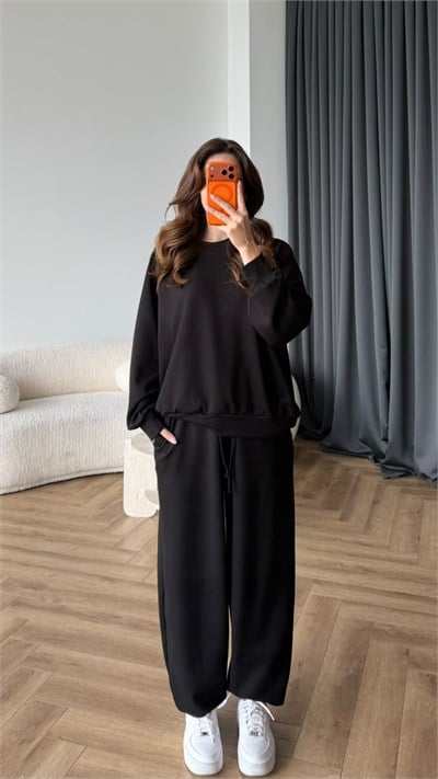 Oversize Sweat ve Pantolonlu Modal İkili Takım Siyah