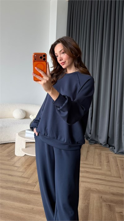 Oversize Sweat ve Pantolonlu Modal İkili Takım Lacivert 2449