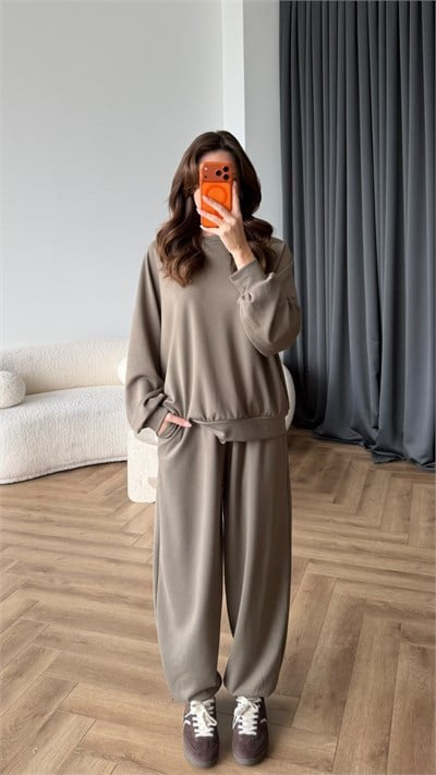 Oversize Sweat ve Pantolonlu Modal İkili Takım Vizon