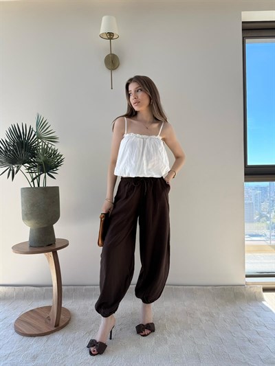 Paça Lastikli Bel İnce Kemer Detay Balon Tensel Pantolon Kahve 2282