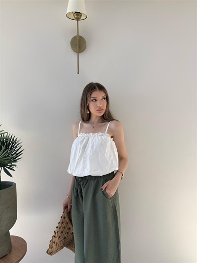 Paça Lastikli Bel İnce Kemer Detay Balon Tensel Pantolon Haki 2282