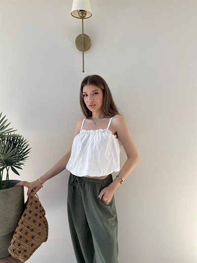 Paça Lastikli Bel İnce Kemer Detay Balon Tensel Pantolon Haki 2282