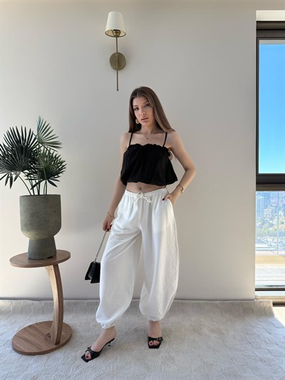 Paça Lastikli Bel İnce Kemer Detay Balon Tensel Pantolon Beyaz 2282