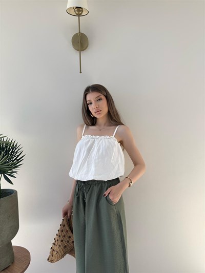 Paça Lastikli Bel İnce Kemer Detay Balon Tensel Pantolon Haki 2282