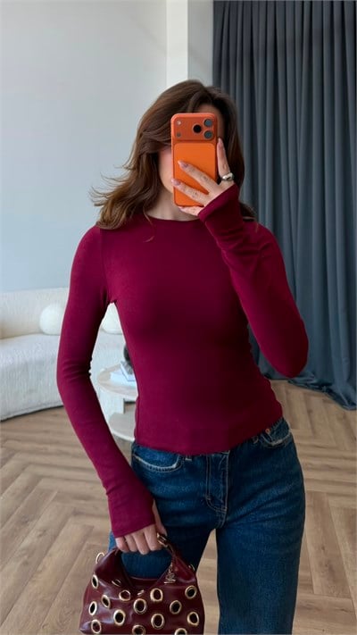 Parmak Geçme Detay Modal Tişört Bordo 2407