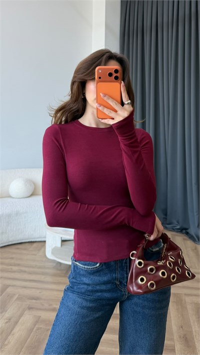 Parmak Geçme Detay Modal Tişört Bordo 2407