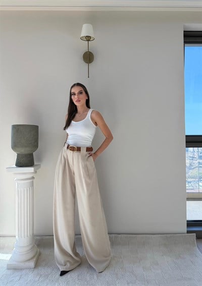Pile Detay Kemerli Palazzo Yüksek Bel Pantolon Bej 2081
