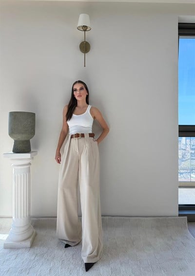 Pile Detay Kemerli Palazzo Yüksek Bel Pantolon Bej 2081