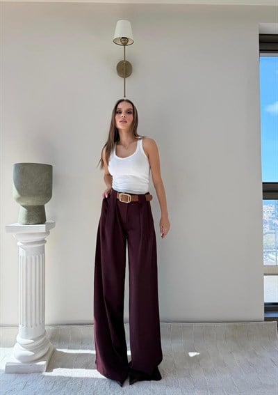 Pile Detay Kemerli Palazzo Yüksek Bel Pantolon Bordo 2081