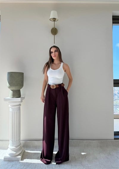 Pile Detay Kemerli Palazzo Yüksek Bel Pantolon Bordo 2081