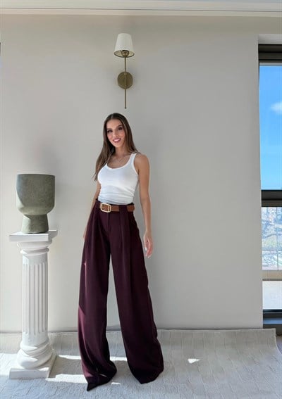 Pile Detay Kemerli Palazzo Yüksek Bel Pantolon Bordo 2081