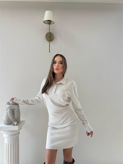 Polo Yaka Belden Drape Detay Modal Elbise Bej 2044