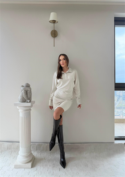 Polo Yaka Belden Drape Detay Modal Elbise Bej 2044