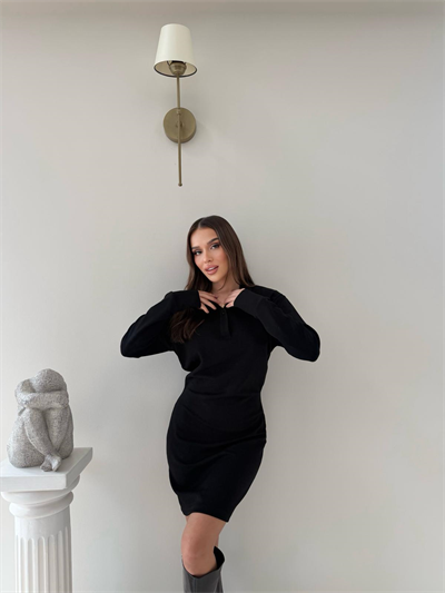 Polo Yaka Belden Drape Detay Modal Elbise Siyah 2044