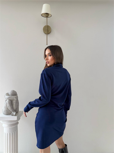 Polo Yaka Belden Drape Detay Modal Elbise Lacivert 2044