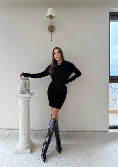 Polo Yaka Belden Drape Detay Modal Elbise Siyah 2044