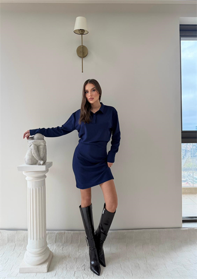 Polo Yaka Belden Drape Detay Modal Elbise Lacivert 2044