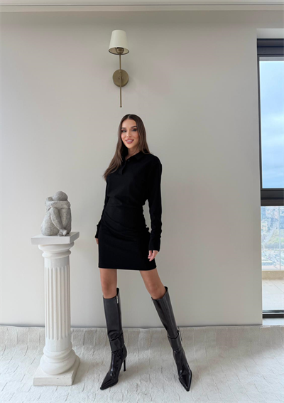 Polo Yaka Belden Drape Detay Modal Elbise Siyah 2044