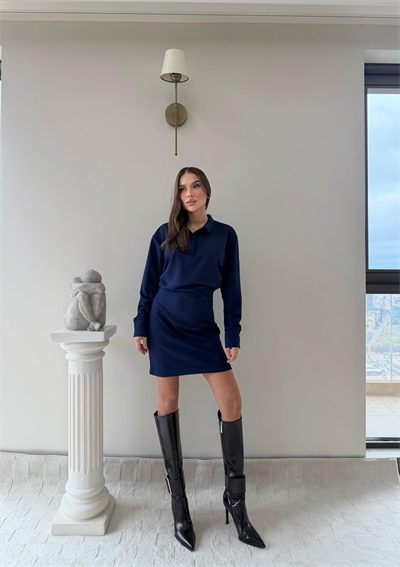 Polo Yaka Belden Drape Detay Modal Elbise Lacivert 2044
