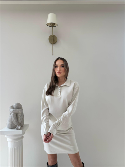 Polo Yaka Belden Drape Detay Modal Elbise Bej 2044