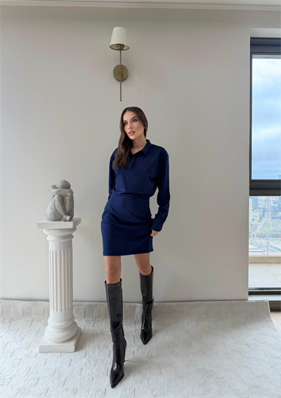 Polo Yaka Belden Drape Detay Modal Elbise Lacivert 2044