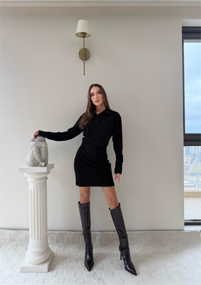 Polo Yaka Belden Drape Detay Modal Elbise Siyah 2044
