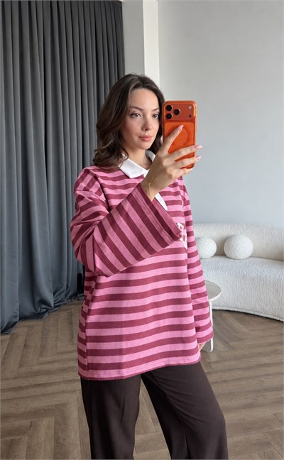 Polo Yaka Çizgili Yazı Detay Oversize Sweat Pembe Beyaz Yaka 2478