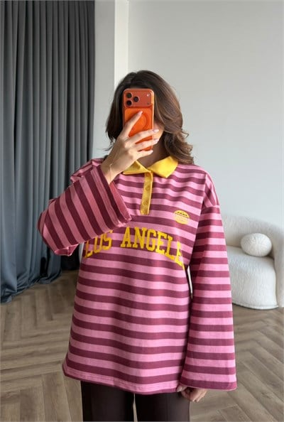 Polo Yaka Çizgili Yazı Detay Oversize Sweat Pembe 2478