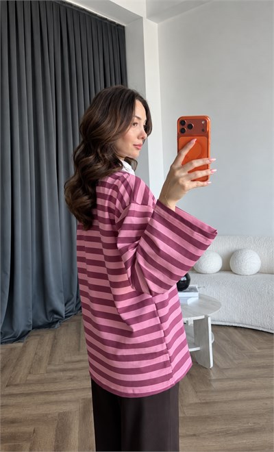 Polo Yaka Çizgili Yazı Detay Oversize Sweat Pembe Beyaz Yaka 2478